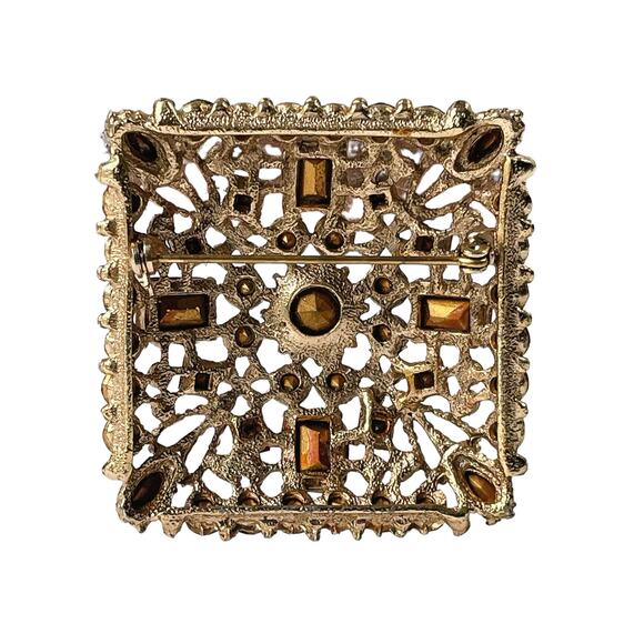 60s Gold Plate Multi-Colored Rhinestones Pearl Turquoise Beads Square Pin Brooch - Picture 2 of 3